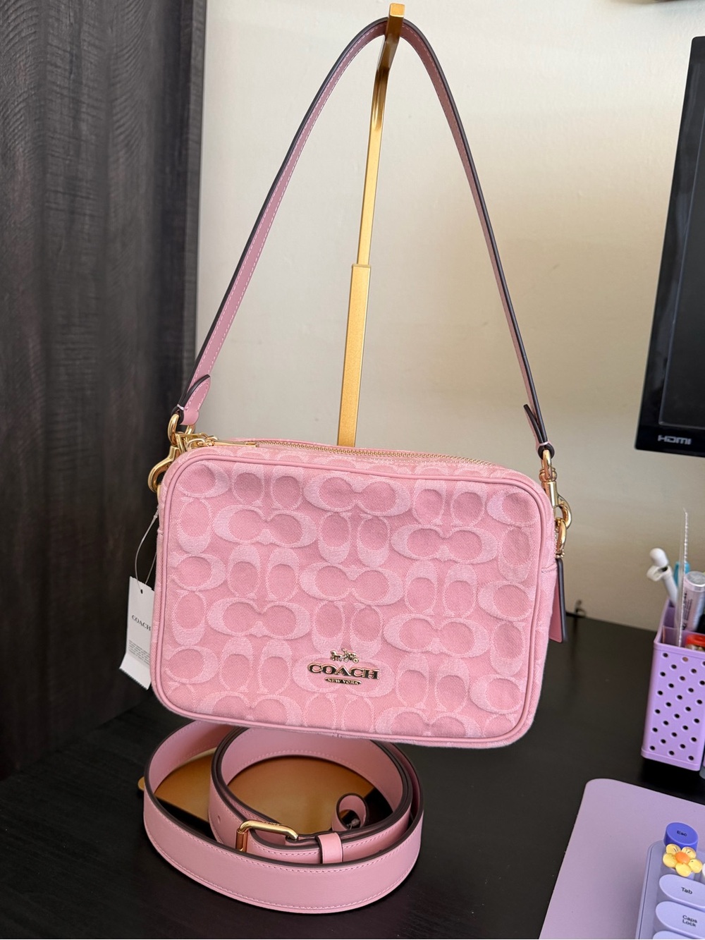 Coach Carey in Pink Denim shoulder bag, crossbody strap included